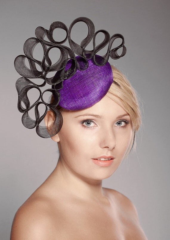 Items similar to Purple Straw Mini Cocktail Hat Fascinator with Black