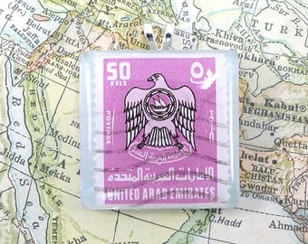 Vintage United Arab Emirates Postage Stamp Necklace Pendant