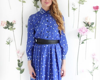 Bluebell, Vintage, 1970s Blue Floral Long Sleeve Dress, from Paris