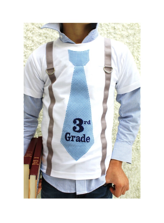 Back to School Tie and Suspender Personalized Tie T-shirt Tee. 1st Day, Grade School, Photo Prop. Fall Fashion, Thanksgiving, Blue Gray by ChicCoutureBoutique