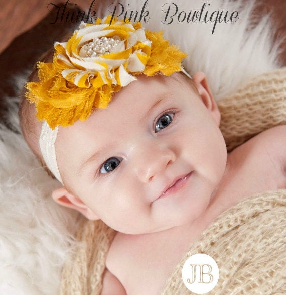 Baby headband,Baby girl headband,baby headbands,mustard yellow baby headband,newborn headband, shabby chic headband, flower headband. by ThinkPinkBows