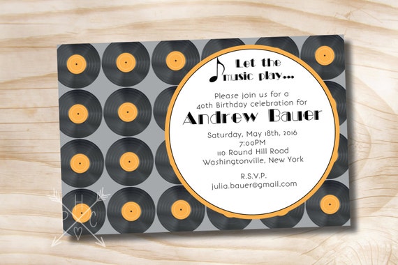VINTAGE RECORDS Music Theme Birthday Adult Invitation - Printable digital file or printed invitations Il_570xn