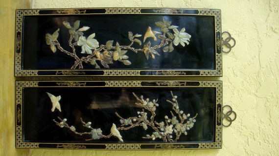 Vintage Chinese Black Lacquered Wood Ornate Wall Hanging Jade