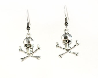 Skull and Crossbones Earrings on Steel Hooks or Clip Ons