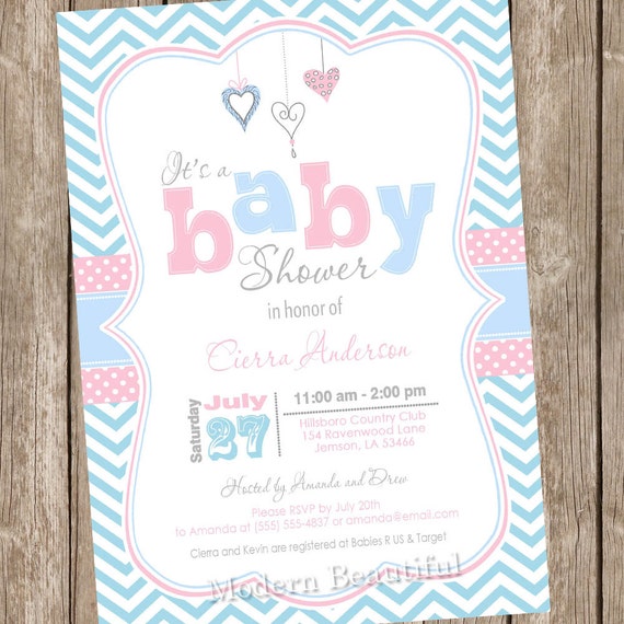 Baby blue and pink baby shower invitation chevron invitation