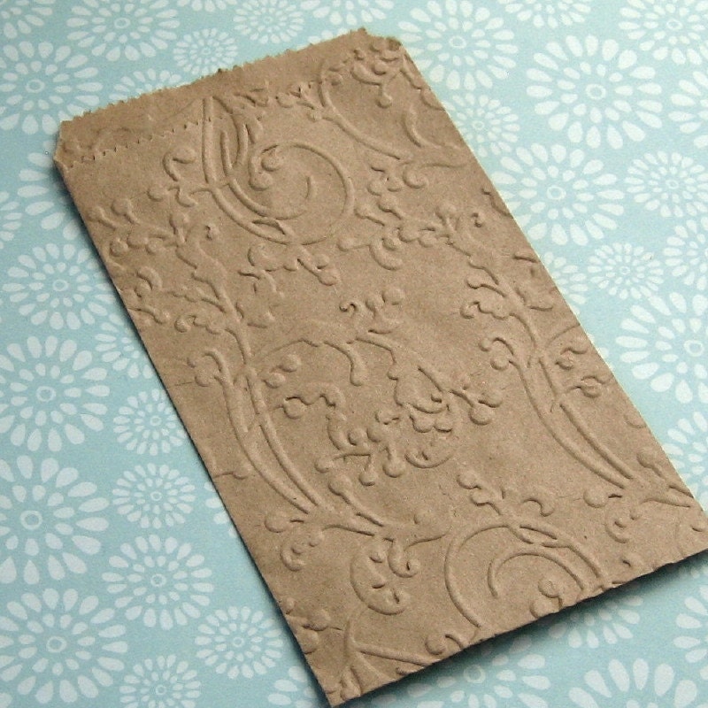 20 Small Kraft Paper Bags Embossed Flourish Vines 3 1/4 x 5