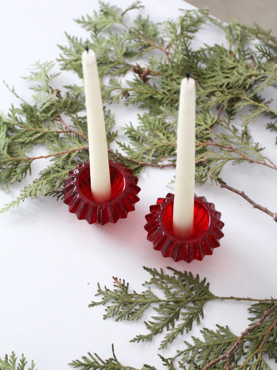 vintage glass candle holders / holiday red multi faceted decor
