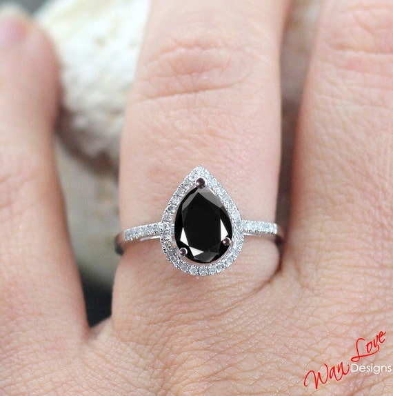 Black Spinel & Diamond Pear Halo Engagement ring 2.5ct 10x7mm White ...