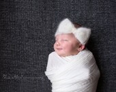 Newborn Cream Headwrap Prop Headband, Mohair Silk Knit Bow Headwrap Newborn Photo Prop Baby Bow, Newborn to Small Baby Size (Item 1640)