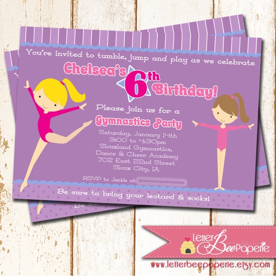Gymnastics Theme Birthday Party Invitation 5x7 Printable