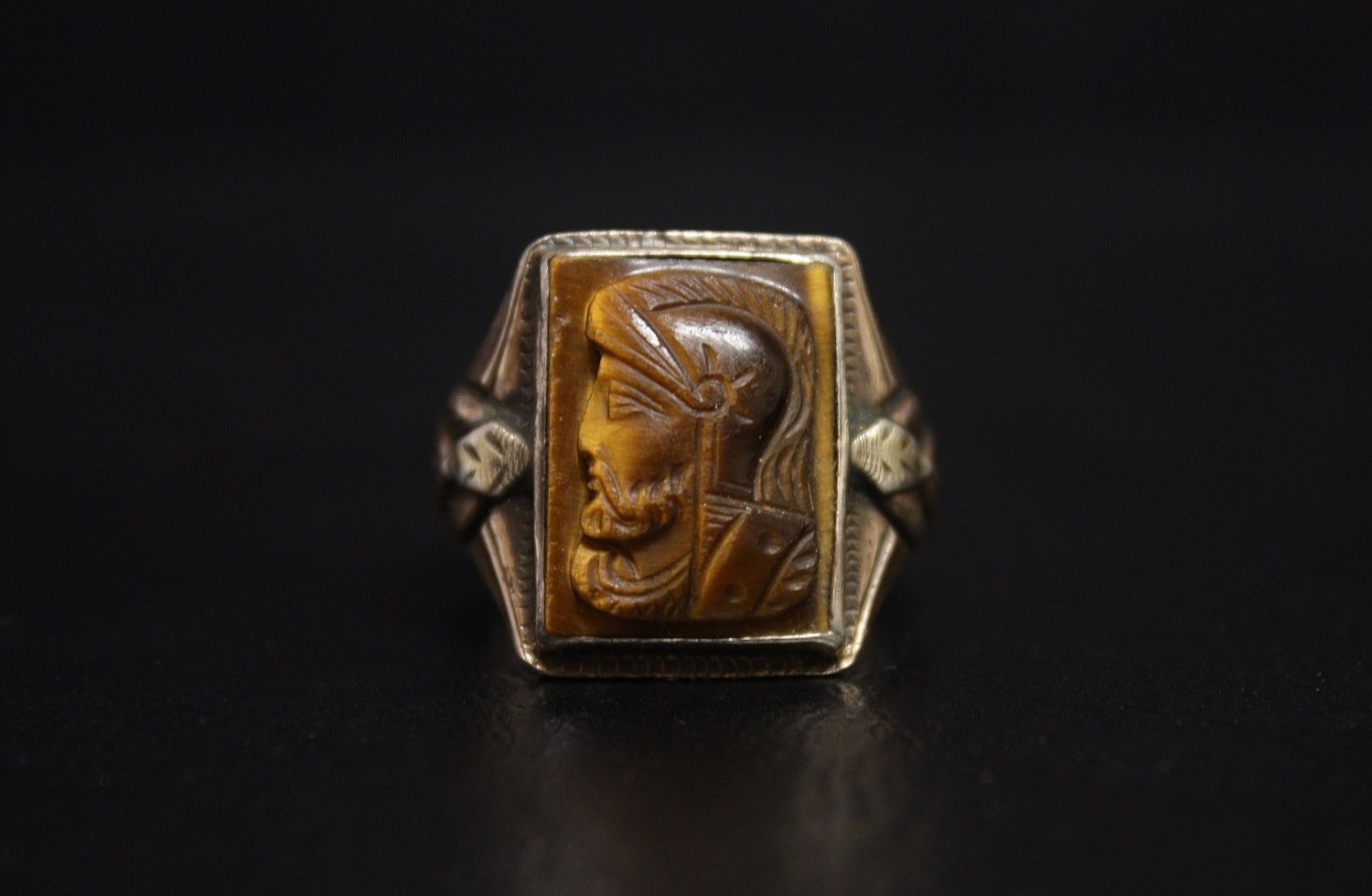 Art Deco Mens Ring Tiger Eye Roman Soldier Cameo Sterling