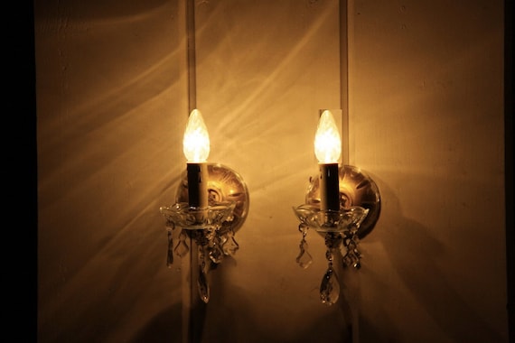 Pair of French Wall Sconces with Hanging Faux Crystals