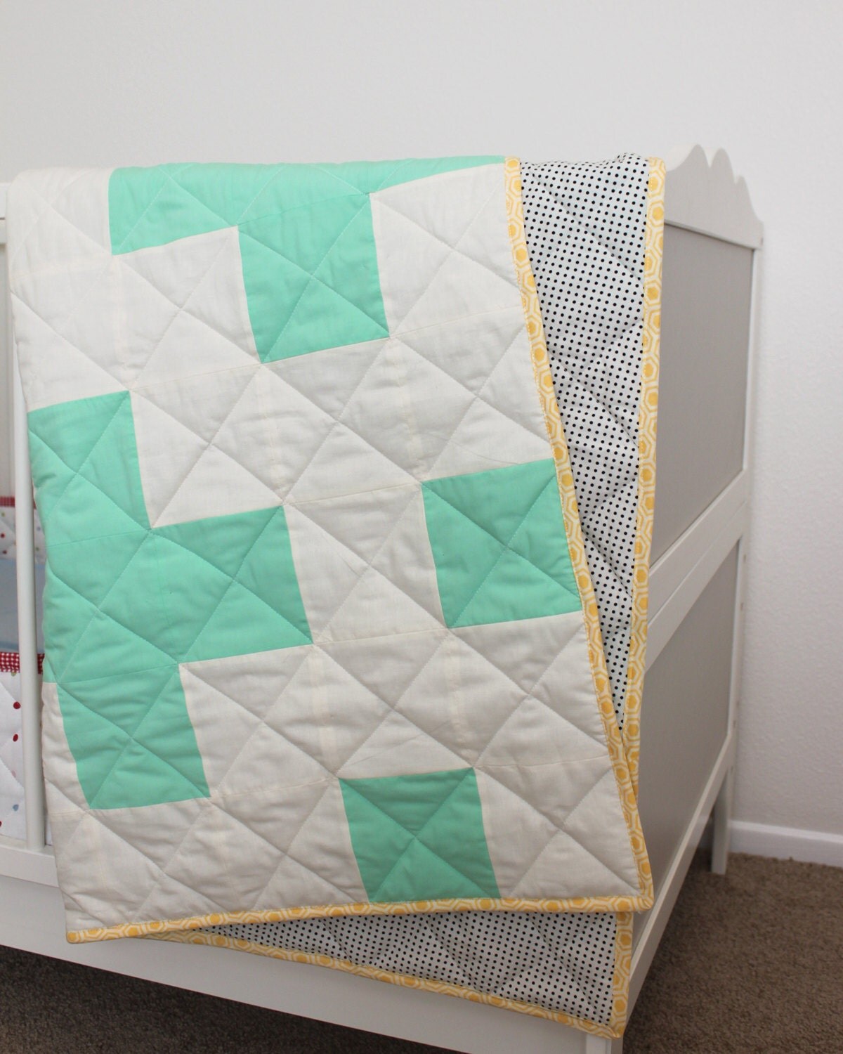 SALE modern baby crib quilt mint polka dot gender neutral
