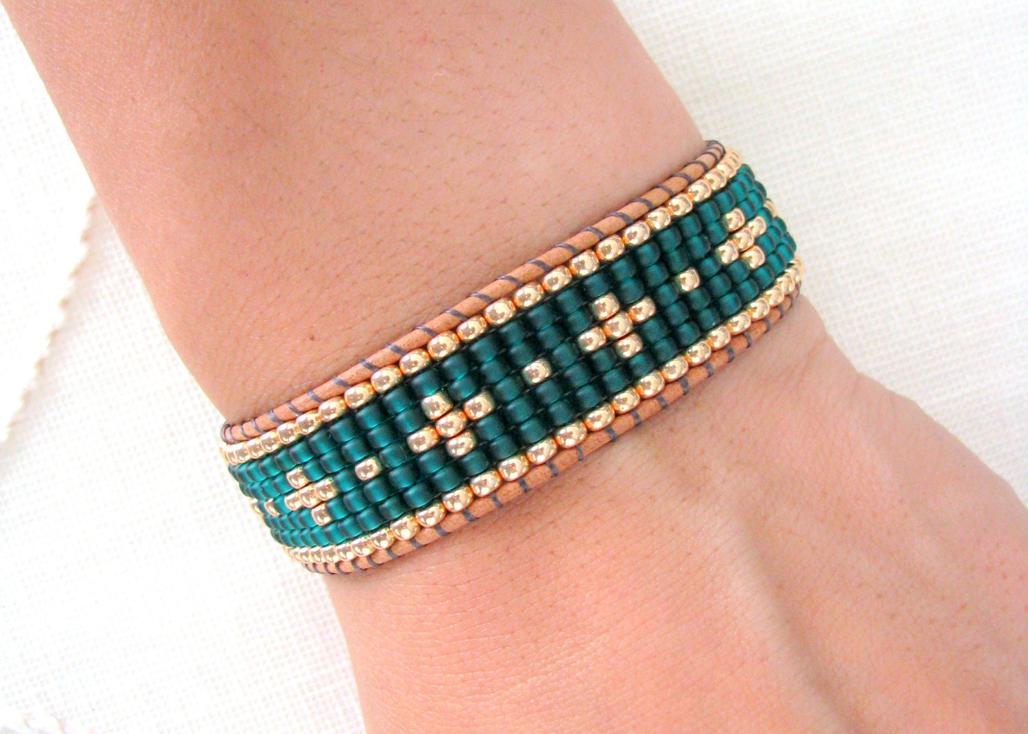 Bead Loom Wrap Bracelet Emerald Green & Gold Beaded Bracelet