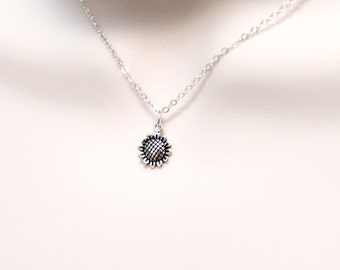 Small Sunflower Necklace, Tiny Flower Charm, Dainty Necklace, Delicate Necklace, Nature Necklace, Sterling Silver, Simple Women Necklace
