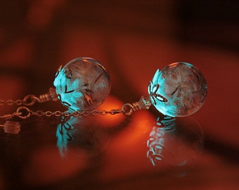 EARRINGS Dandelion Seeds in Glass Bubble that GLOWS in the DARK