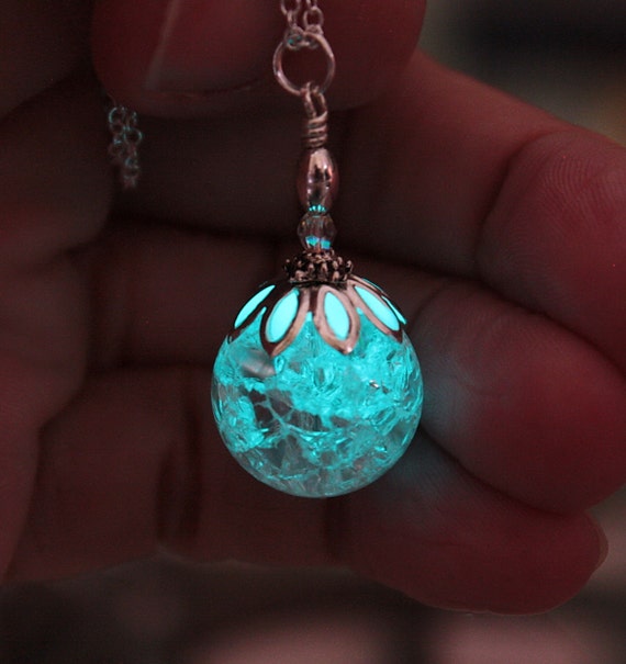 Cracked clear round crystal pendant GLOW in the DARK