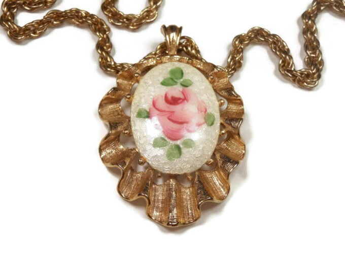 FREE SHIPPING Pink Rose Guilloché pendant necklace with gold scalloped fluted border