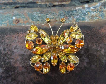 Vintage Regency Butterfly Brooch Pin Orange and Yellow Rhinestones