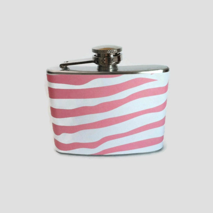 Stainless Steel Hip Flask with light pink zebra by GartersByLori