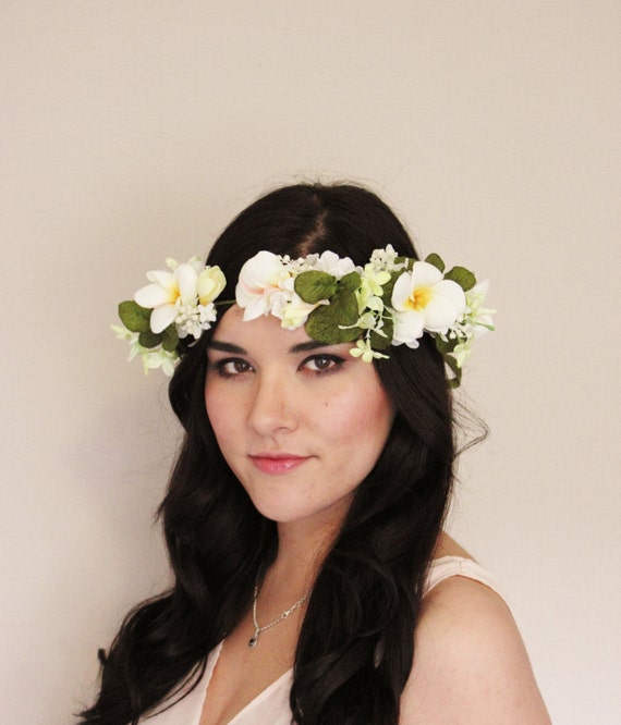 Items similar to White Yellow Frangipani Jasmine Leaf Flower Crown Floral Headband, Flower