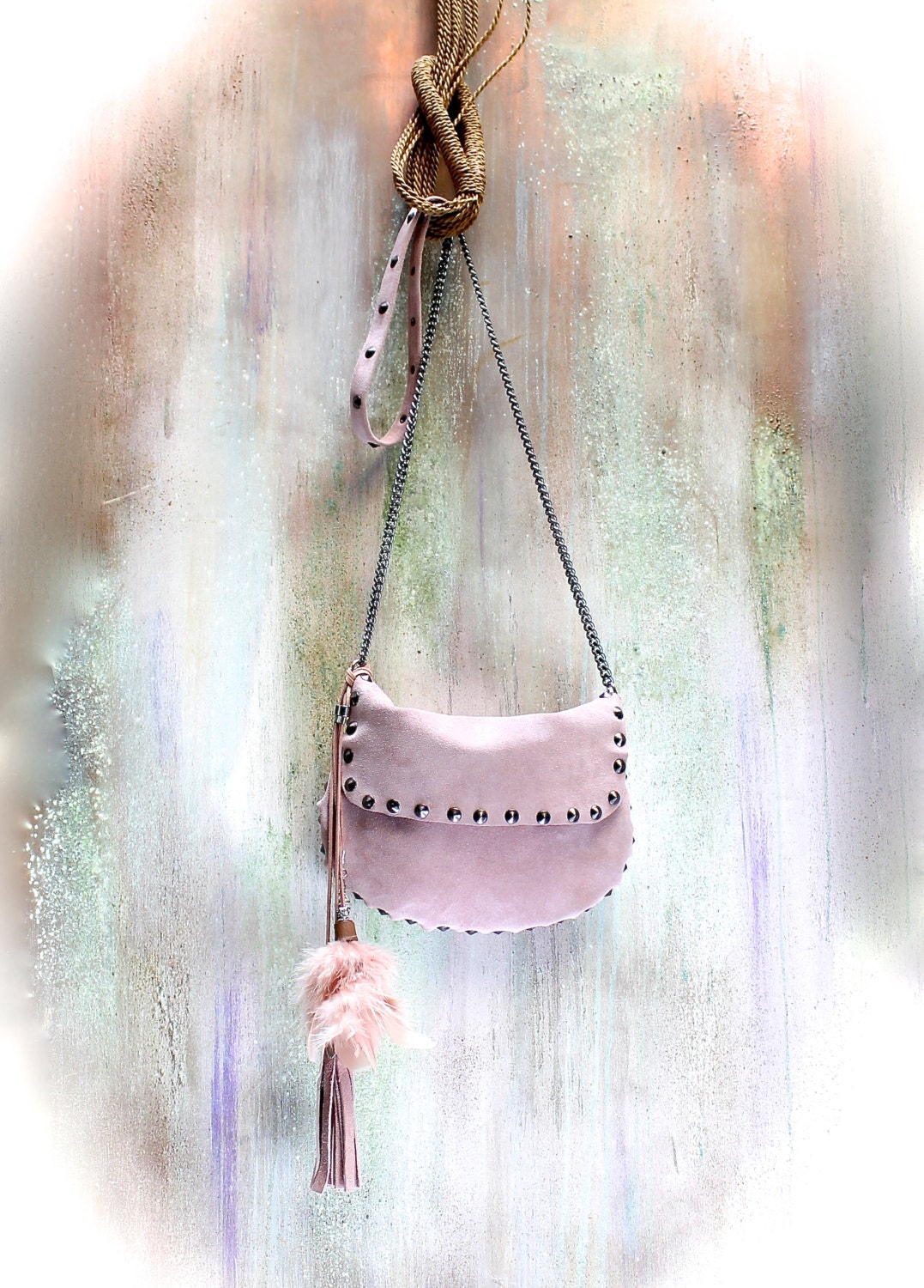 LEATHER PURSE blush suede messenger small by