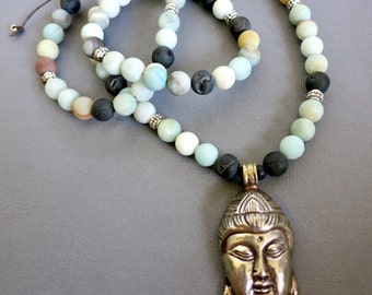 108 Mala bead necklace Silver sitting buddha pendant Wood