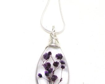 Purple Baby Breath Necklace - Real Flowers Encased in Resin - Pressed Flower Jewelry - Wire Wrapped Pendant - Resin Jewelry - Teardrop shape
