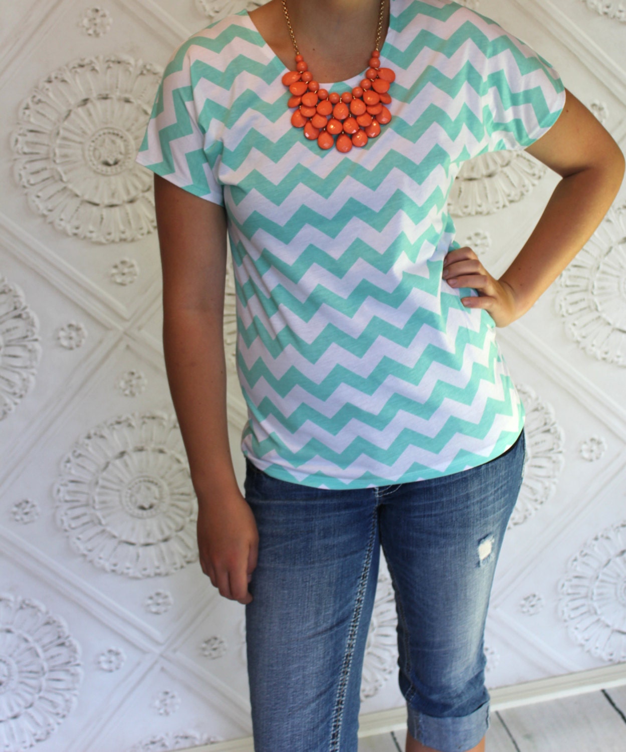 Mint Green and White Chevron T shirt for Teen's by Gogreenstyle