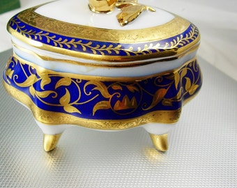 Elegant French Cobalt Blue Porcelain Trinket jewelry Box Gold Gilded Enamel Vintage Rose Topped Pill Box