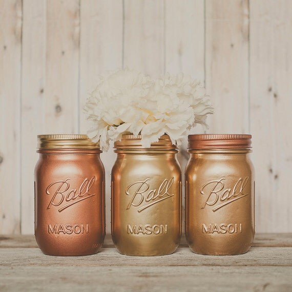 Painted mason jar vase. Centerpiece. copper, gold, bronze. Guestbook pen jar. Wedding centerpiece, new years decor, party centerpiece.