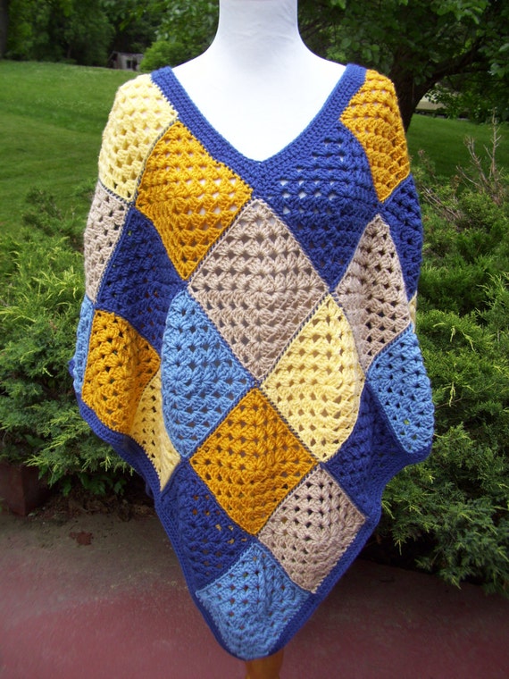 Crocheted Granny Square Poncho / Shawl / Cape / Blue Navy