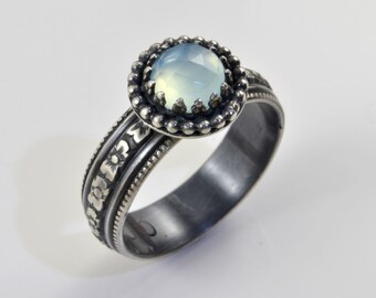 Blue Chalcedony Ring in Sterling Silver, Faceted Rose Cut Aqua Chalcedony Stone