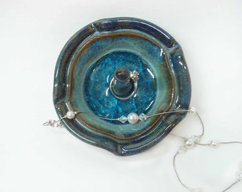 Pottery ring holder dish, Teal with blue glass, Wheel thrown stoneware