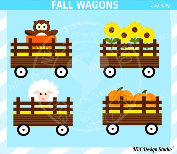 DOLLAR SALE - Festive Fall Wagons Clip Art - Cute Fall Farm Clip Art - Commercial Use - Owl, Sunflowers, Sheep, Pumpkins, Hay Il_570xn