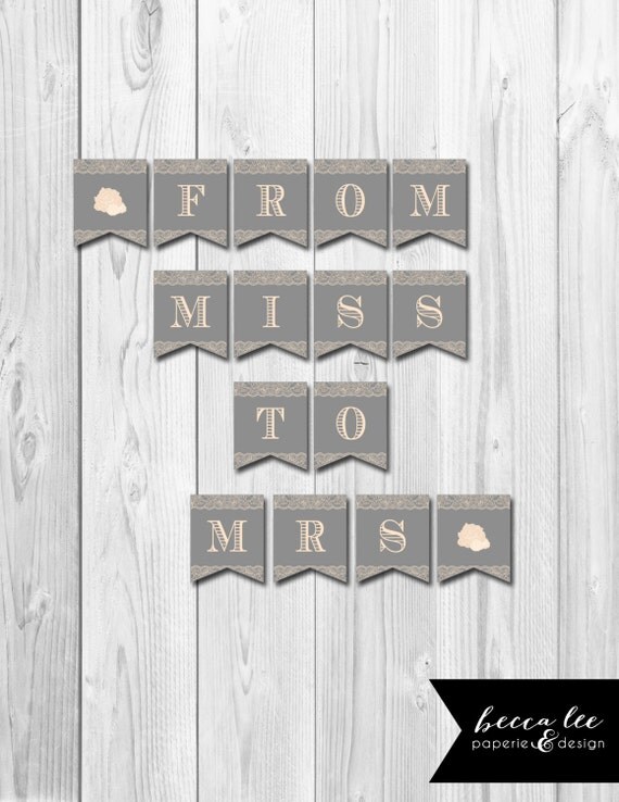 INSTANT DOWNLOAD - From Miss to Mrs Bridal Shower Banner - Floral Lace Theme - Grey and Cream Neutrals - DIY - Printable Il_570xn