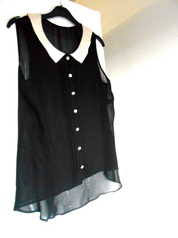 Vtg 90's Sheer Black and Beige/White Collar Shirt