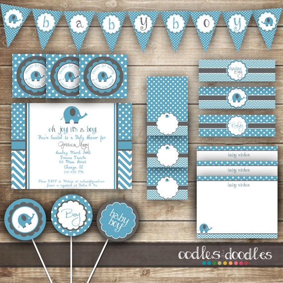 Elephant Baby Shower / Chevron & Polka Dots / Blue and Gray