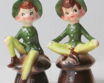 Vintage PIXIE ELVES on Mushrooms Salt and Pepper SHAKERS - Porcelain 1950s Enesco, Japan Kitchen Collectibles Retro