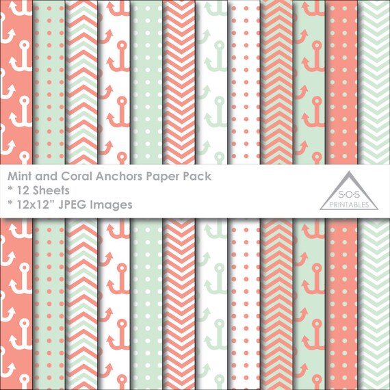 Mint and Coral Anchors Digital Papers Pack Nautical Paper 12