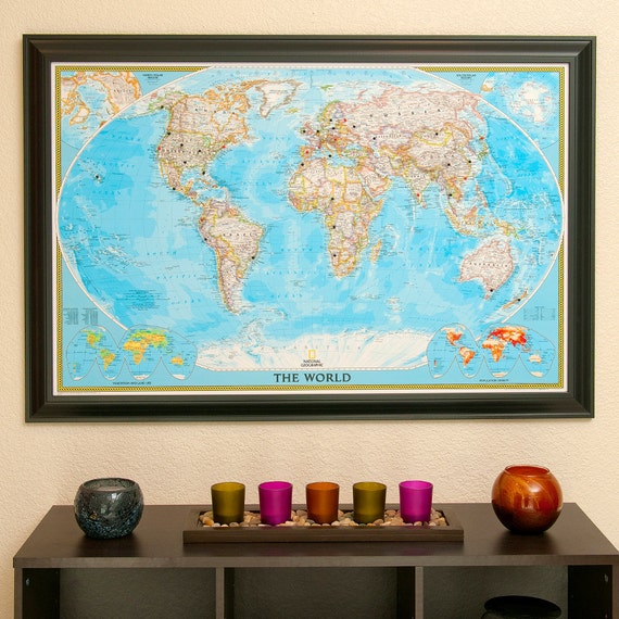 Classic World Travel Map With Pins And Frame By