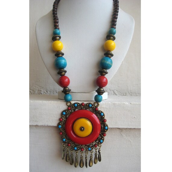 Bohemian Necklace/Pendant Necklace/Statement Necklace/Red Necklace//Chunky Necklace/Tribal ...