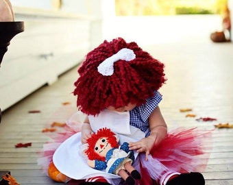 Red Raggedy Ann Wig Hat With Attached Bow. Hand Made. Preemie to Toddler Sizes