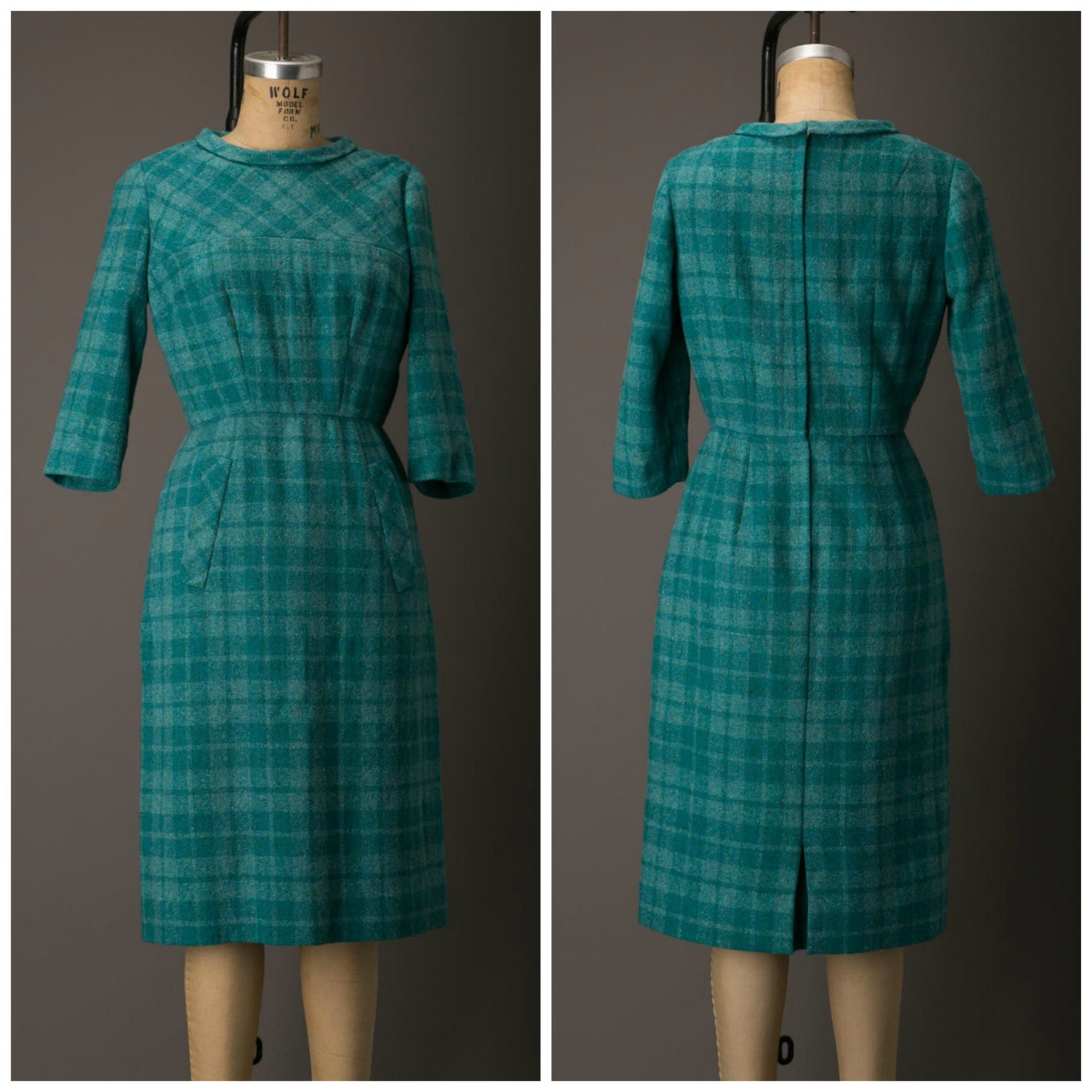 1960s Blue and Green Plaid Wool Dress