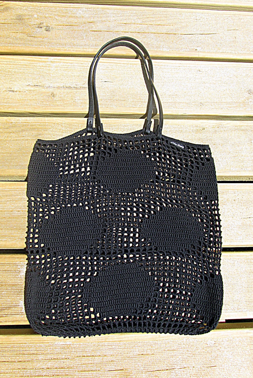 BLACK Polka Dots TOTE BAG // Crochet Tote Bag Leather Handles