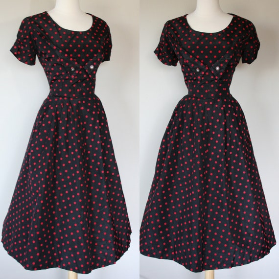 Vintage 1950s black taffeta, red velvet polka dot dress. Large.