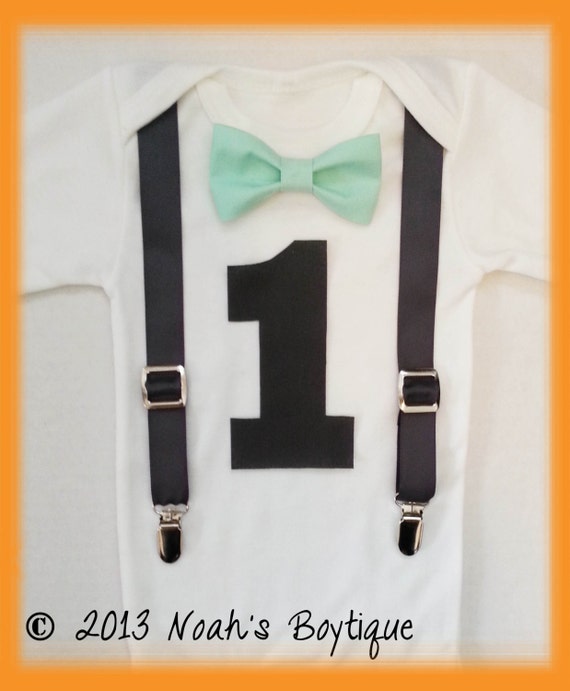 Boys First Birthday Outfit - 1st Birthday Cake Smash Outfit - Mint Bow Tie Grey One - Number One - 1st Birthday Clothes - Bow Tie Suspender by NoahsBoytiques