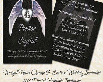 Bike Wedding Invitations Printable Winged Heart Chrome Leather Look Biker Wedding Invitation Digital Printable File Of 5x7 Printed Invitations With Free Shipping