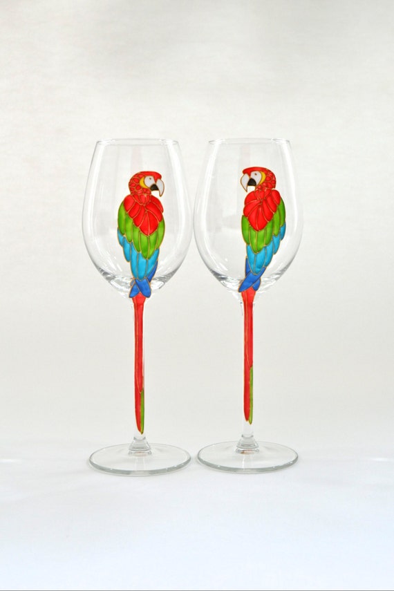Parrot Wine Glasses by ToastedGlass on Etsy