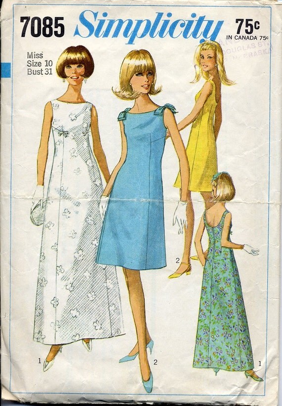  Simple  elegant  long dress  pattern  1960s Simplicity Size